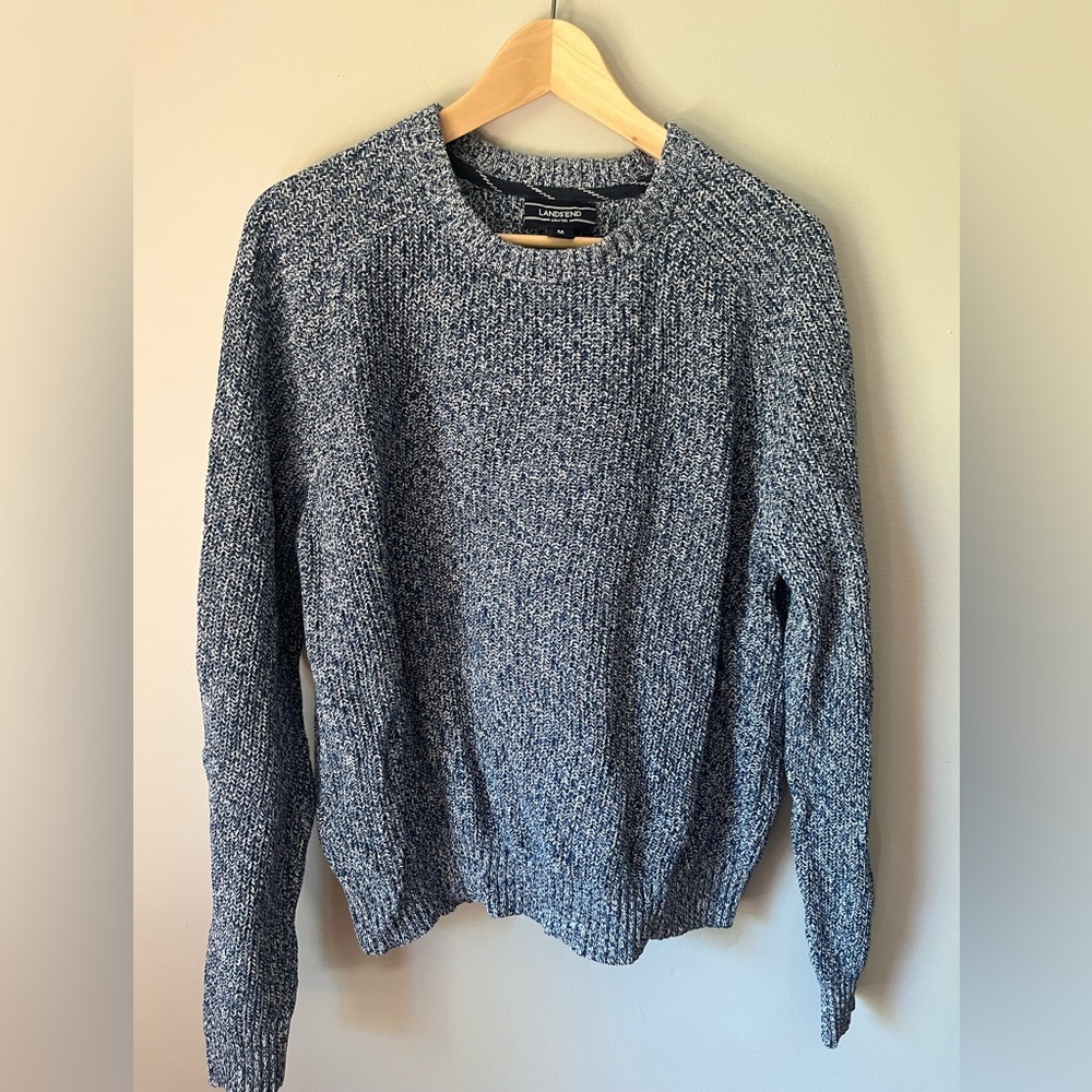 Lands' End Men's Heathered Blue 100% Cotton Crewneck Fisherman Sweater